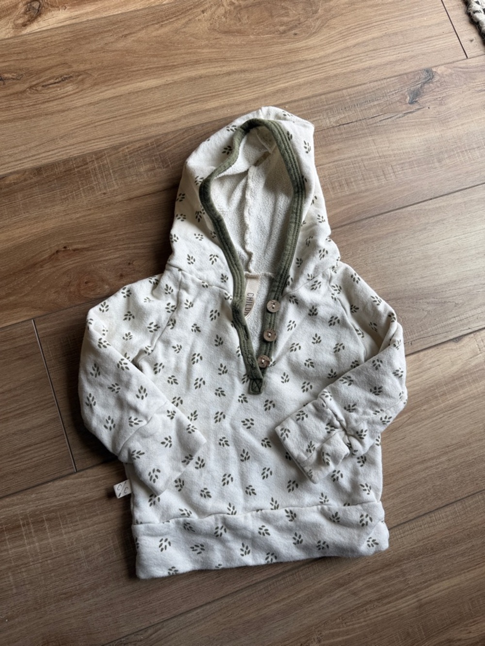 Childhoods Cream Hoodie with Olive Trim and Button Henley